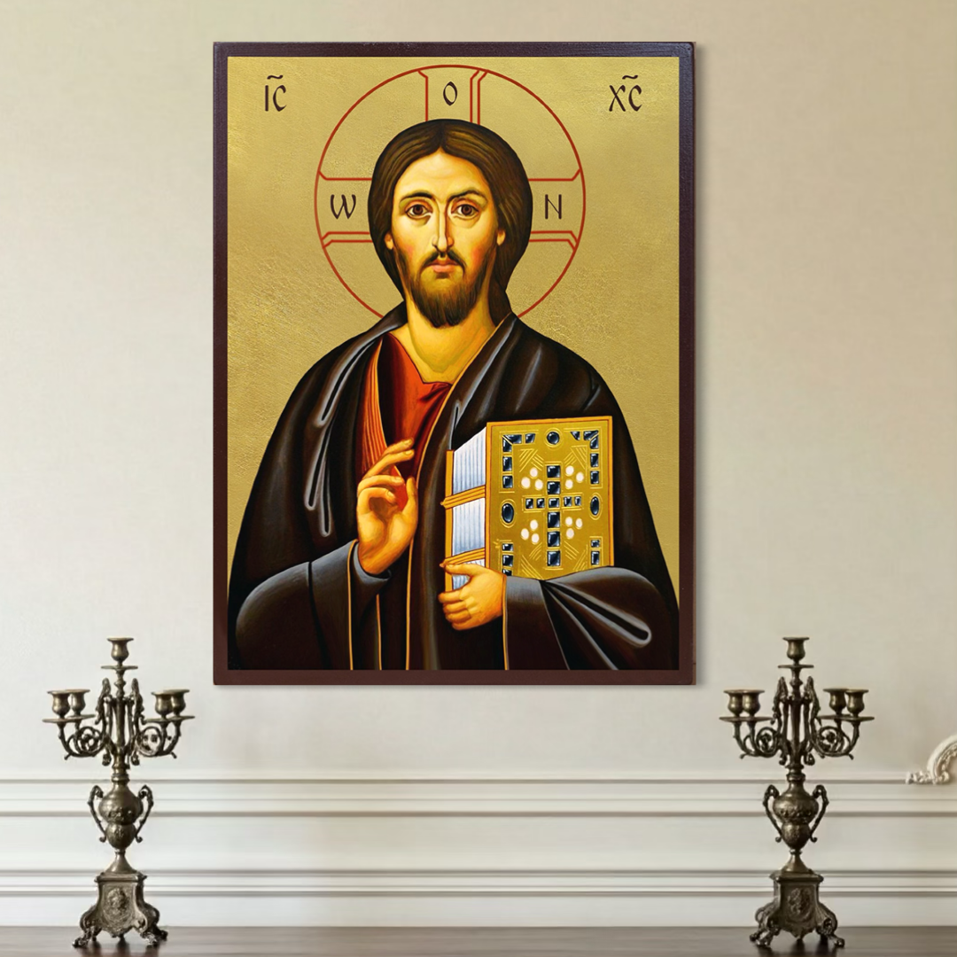Imagine cu icoana iisus hristos pantocrator pe fundal auriu, tiparita pe panza canvas